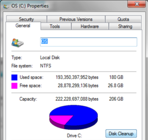 Windows 7 Disk Properties displaying disk space